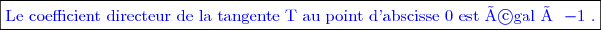 \boxed{\textcolor{blue}{\text{Le coefficient directeur de la tangente T au point d'abscisse }0\textcolor{blue}{\text{ est égal à }}\textcolor{blue}{-1}\textcolor{blue}{\text{ .}}}}